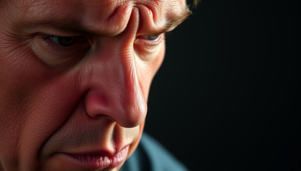 A close-up view of a person's face showing the physical and mental strain of stress and anxiety. The skin is flushed, the eyes are tense and focused, and the facial muscles are tightened. The lighting is harsh, creating stark shadows that accentuate the distressed expression. The background is blurred, placing the emphasis on the subject's face and the tangible feeling of pressure and unease. The overall mood is one of tension and unease, capturing the challenging nature of stress and its impact on the individual. A close-up view of a person's face showing the physical and mental strain of stress and anxiety. The skin is flushed, the eyes are tense and focused, and the facial muscles are tightened. The lighting is harsh, creating stark shadows that accentuate the distressed expression. The background is blurred, placing the emphasis on the subject's face and the tangible feeling of pressure and unease. The overall mood is one of tension and unease, capturing the challenging nature of stress and its impact on the individual.