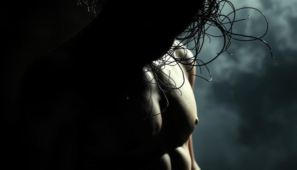 A detailed close-up view of a human figure, captured in a dramatic chiaroscuro lighting. The subject's torso and face are obscured by swirling, energy-like forms - tangles of dark, ethereal lines and shapes that represent internal blockages and emotional trauma. The background is hazy and indistinct, focusing the viewer's attention on the powerful, visceral energy of the figure's inner experience. The overall mood is one of tension, introspection, and the struggle to overcome personal obstacles. Rendered with a photorealistic style, high contrast, and a sense of depth and volume. A detailed close-up view of a human figure, captured in a dramatic chiaroscuro lighting. The subject's torso and face are obscured by swirling, energy-like forms - tangles of dark, ethereal lines and shapes that represent internal blockages and emotional trauma. The background is hazy and indistinct, focusing the viewer's attention on the powerful, visceral energy of the figure's inner experience. The overall mood is one of tension, introspection, and the struggle to overcome personal obstacles. Rendered with a photorealistic style, high contrast, and a sense of depth and volume.