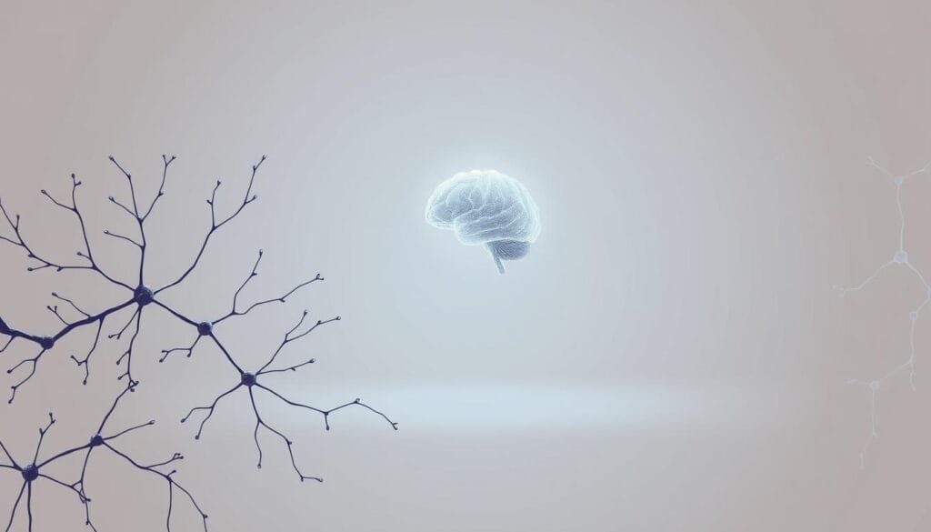 A detailed, elegant illustration of the concept of neuro-linguistic programming, captured in a softly-lit, minimalist composition. In the foreground, a delicate web of interconnected neural pathways and synapses, rendered in muted tones of blue and purple, symbolizing the intricate neural processes underlying NLP. In the middle ground, a floating, abstract representation of the human mind, depicted as a luminous, ethereal sphere, hinting at the cognitive and psychological aspects of NLP. The background is a serene, muted gradient, allowing the central elements to take center stage and convey the profound, yet elegantly simple nature of this powerful self-improvement methodology.