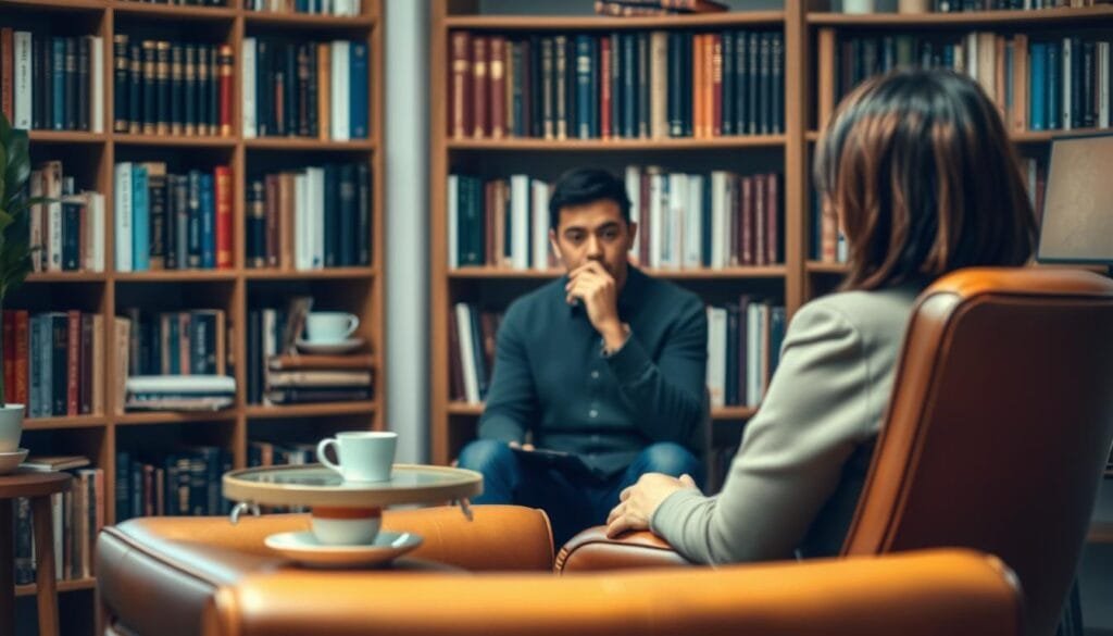 A meticulously crafted meta model therapy scene, captured in a warm, inviting atmosphere. The foreground depicts a cozy counseling room, with a well-worn leather armchair and a small side table holding a cup of tea. The middle ground features a contemplative therapist, their face in deep thought as they engage with their client, represented by a thoughtful, open expression. The background showcases a bookshelf filled with volumes on psychology and self-improvement, suggesting a space of intellectual exploration and personal growth. Soft, diffused lighting casts a soothing glow, and the overall composition conveys a sense of trust, understanding, and the transformative power of the meta model approach. A meticulously crafted meta model therapy scene, captured in a warm, inviting atmosphere. The foreground depicts a cozy counseling room, with a well-worn leather armchair and a small side table holding a cup of tea. The middle ground features a contemplative therapist, their face in deep thought as they engage with their client, represented by a thoughtful, open expression. The background showcases a bookshelf filled with volumes on psychology and self-improvement, suggesting a space of intellectual exploration and personal growth. Soft, diffused lighting casts a soothing glow, and the overall composition conveys a sense of trust, understanding, and the transformative power of the meta model approach.