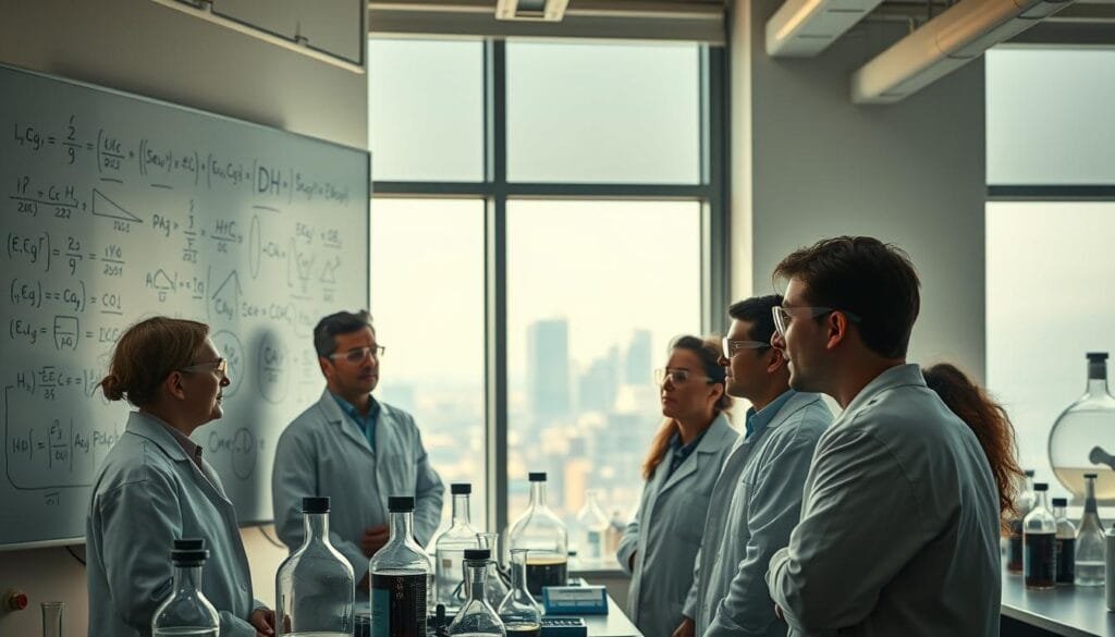 A research laboratory setting with a large whiteboard displaying complex scientific equations and diagrams. In the foreground, a group of scientists in lab coats and goggles engaged in a lively discussion, their expressions reflecting deep concentration and analytical thought. The middle ground features an array of scientific equipment, beakers, and instruments, casting a soft, warm glow. In the background, a window reveals a cityscape, hinting at the broader context and real-world applications of the research. The overall atmosphere is one of intellectual rigor, critical analysis, and the pursuit of scientific understanding. A research laboratory setting with a large whiteboard displaying complex scientific equations and diagrams. In the foreground, a group of scientists in lab coats and goggles engaged in a lively discussion, their expressions reflecting deep concentration and analytical thought. The middle ground features an array of scientific equipment, beakers, and instruments, casting a soft, warm glow. In the background, a window reveals a cityscape, hinting at the broader context and real-world applications of the research. The overall atmosphere is one of intellectual rigor, critical analysis, and the pursuit of scientific understanding.