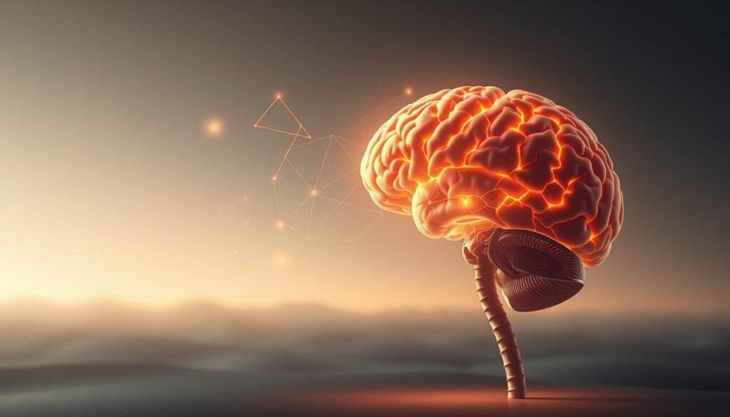 A serene and contemplative scene depicting the core elements of neuro-linguistic programming models. In the foreground, a human brain is shown in cross-section, its neural pathways illuminated in a soft, warm glow. In the middle ground, abstract geometric shapes and patterns, representing the linguistic and programming aspects, hover and intersect, creating a sense of interconnectedness. The background is filled with a calming, gradient-based environment, suggesting the subconscious realms where NLP operates. The lighting is soft and diffused, creating a sense of depth and atmosphere. The overall composition conveys the integrative nature of NLP, blending the neurological, linguistic, and programmatic aspects into a harmonious whole.