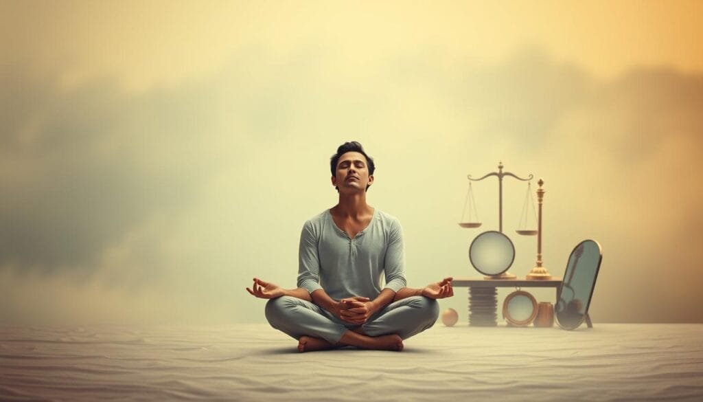 A serene and contemplative scene depicting the techniques and practices of influence and persuasion. In the foreground, a person sits cross-legged, eyes closed, deep in meditation. Their face radiates a sense of calm and focus. In the middle ground, an array of symbolic objects - a magnifying glass, a set of scales, a mirror - arranged in a thoughtful composition, suggesting the tools of the persuader's trade. The background is hazy, with a soft, ethereal quality, perhaps a dreamscape or a metaphorical landscape, evoking the intangible nature of influence. The lighting is subtle, with a warm, ambient glow, creating an atmosphere of introspection and inner exploration. The overall tone is one of thoughtfulness, subtlety, and the quiet power of the mind.