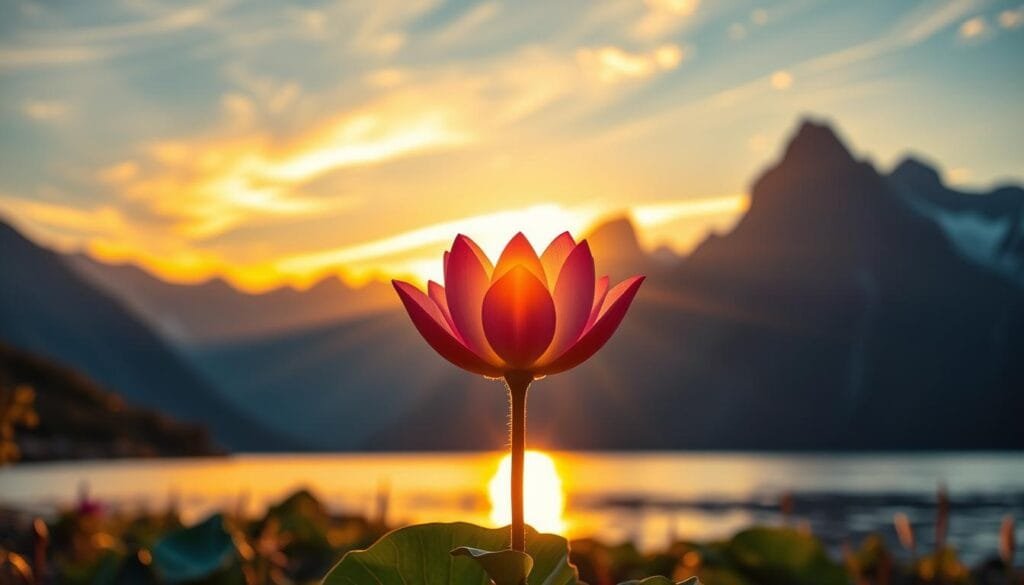 A serene mountain landscape with a vibrant sunrise, bathed in warm, golden light. In the foreground, a single, radiant lotus flower blossoms, its petals unfurling to symbolize the power of positive thinking. The background features a tranquil lake, reflecting the sky's vibrant hues, and towering peaks in the distance, conveying a sense of harmony and balance. The composition is crisp, with a shallow depth of field that focuses the viewer's attention on the central flower, evoking a sense of peaceful introspection and the transformative potential of the mind. The overall mood is one of optimism, growth, and the belief in one's ability to shape their own reality.