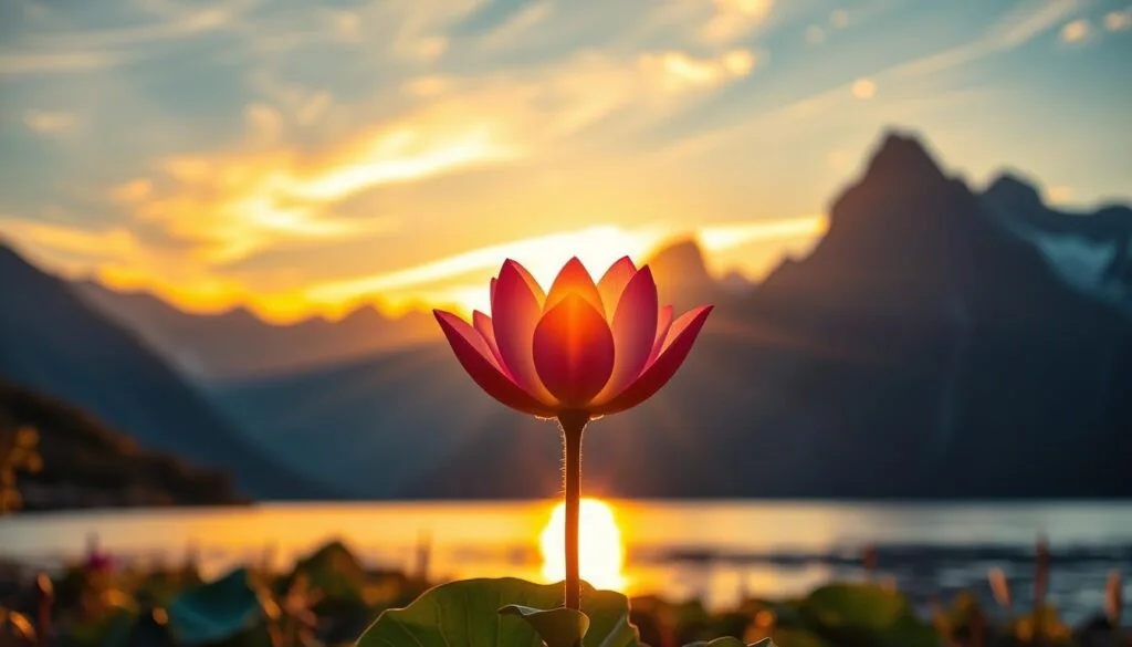 A serene mountain landscape with a vibrant sunrise, bathed in warm, golden light. In the foreground, a single, radiant lotus flower blossoms, its petals unfurling to symbolize the power of positive thinking. The background features a tranquil lake, reflecting the sky's vibrant hues, and towering peaks in the distance, conveying a sense of harmony and balance. The composition is crisp, with a shallow depth of field that focuses the viewer's attention on the central flower, evoking a sense of peaceful introspection and the transformative potential of the mind. The overall mood is one of optimism, growth, and the belief in one's ability to shape their own reality.