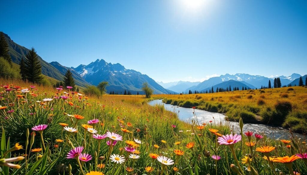 A serene, sun-dappled meadow in the foreground, with a vibrant array of wildflowers swaying gently in the warm breeze. In the middle ground, a tranquil stream meanders through the lush greenery, its waters reflecting the azure sky above. Towering, snow-capped mountains rise majestically in the distance, their peaks bathed in golden light. A sense of peace and inner harmony permeates the scene, inviting the viewer to feel the power of positive intentions and a tranquil, open mindset. A serene, sun-dappled meadow in the foreground, with a vibrant array of wildflowers swaying gently in the warm breeze. In the middle ground, a tranquil stream meanders through the lush greenery, its waters reflecting the azure sky above. Towering, snow-capped mountains rise majestically in the distance, their peaks bathed in golden light. A sense of peace and inner harmony permeates the scene, inviting the viewer to feel the power of positive intentions and a tranquil, open mindset.
