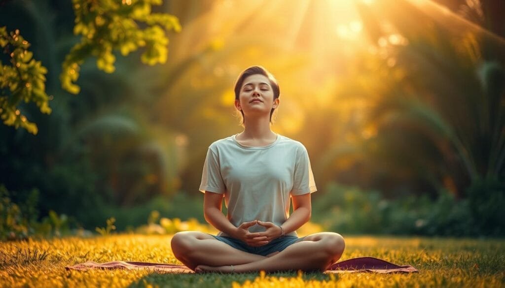 A serene, tranquil scene of a person in a state of deep relaxation. The foreground features a person sitting cross-legged, eyes closed, with a peaceful expression on their face. They are surrounded by a lush, verdant environment with vibrant greenery and gently swaying trees. The background is bathed in warm, golden sunlight, creating a calming, meditative atmosphere. The lighting is soft and diffused, emphasizing the sense of tranquility. The camera angle is slightly elevated, giving a birds-eye view of the scene and conveying a sense of calm detachment. Overall, the image evokes a feeling of inner peace, stress relief, and emotional well-being. A serene, tranquil scene of a person in a state of deep relaxation. The foreground features a person sitting cross-legged, eyes closed, with a peaceful expression on their face. They are surrounded by a lush, verdant environment with vibrant greenery and gently swaying trees. The background is bathed in warm, golden sunlight, creating a calming, meditative atmosphere. The lighting is soft and diffused, emphasizing the sense of tranquility. The camera angle is slightly elevated, giving a birds-eye view of the scene and conveying a sense of calm detachment. Overall, the image evokes a feeling of inner peace, stress relief, and emotional well-being.