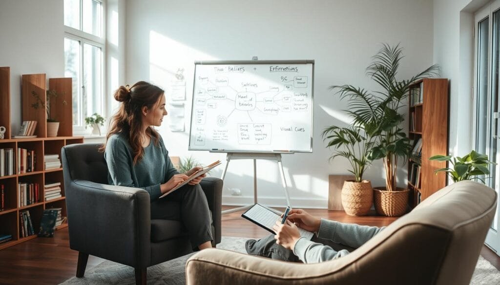 A serene, well-lit indoor scene showcasing various NLP (Neuro-Linguistic Programming) techniques for transforming thought patterns. In the foreground, a woman sits in a comfortable armchair, focused on a journal and pen in her hands. In the middle ground, a whiteboard displays mind maps, affirmations, and visual cues, reflecting the process of reframing beliefs. The background features bookshelves, a calming plant, and natural light filtering through large windows, creating a tranquil, introspective atmosphere conducive to personal growth and positive mental transformation. A serene, well-lit indoor scene showcasing various NLP (Neuro-Linguistic Programming) techniques for transforming thought patterns. In the foreground, a woman sits in a comfortable armchair, focused on a journal and pen in her hands. In the middle ground, a whiteboard displays mind maps, affirmations, and visual cues, reflecting the process of reframing beliefs. The background features bookshelves, a calming plant, and natural light filtering through large windows, creating a tranquil, introspective atmosphere conducive to personal growth and positive mental transformation.
