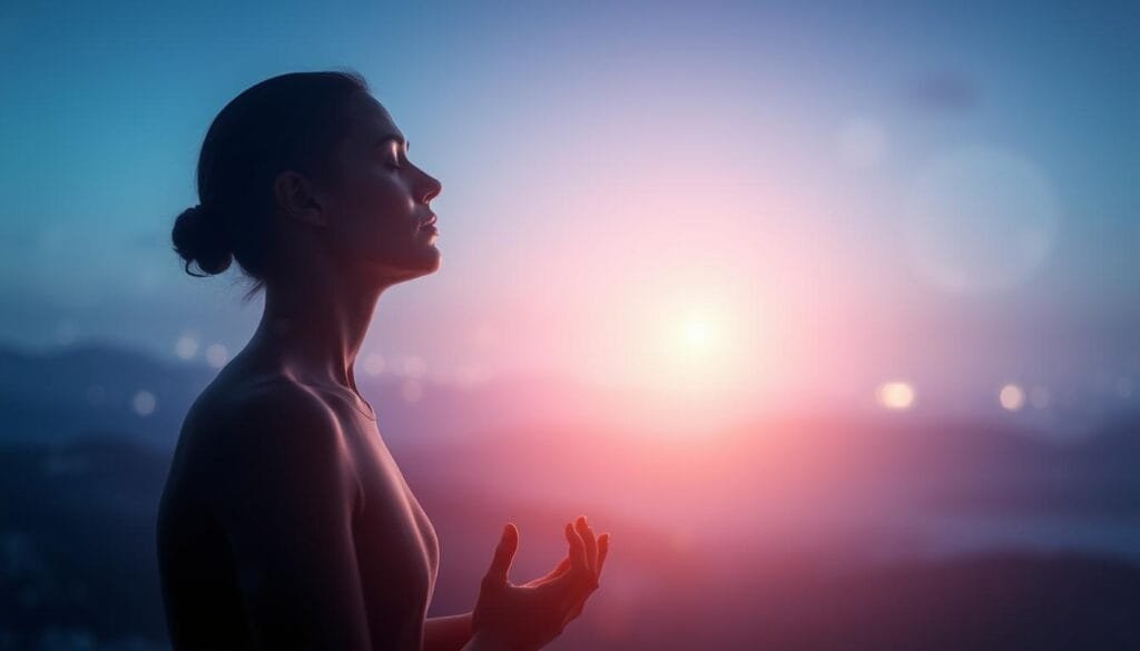 A surreal and introspective visual representation of a "NLP Emotion Management System". In the foreground, a serene and enigmatic human figure, eyes closed, hands in a meditative pose, surrounded by a soft, ethereal glow. In the middle ground, abstract shapes and patterns in shades of blue and purple, suggesting the underlying structures and processes of the NLP system. In the background, a hazy, dreamlike landscape with subtle, shifting lights, evoking a sense of calm and tranquility. The overall composition is balanced and harmonious, with a focus on the human element and the intersection of mind, emotion, and technology. The lighting is soft and diffused, creating a contemplative and introspective atmosphere. The lens is wide, capturing a sense of depth and expansiveness. A surreal and introspective visual representation of a "NLP Emotion Management System". In the foreground, a serene and enigmatic human figure, eyes closed, hands in a meditative pose, surrounded by a soft, ethereal glow. In the middle ground, abstract shapes and patterns in shades of blue and purple, suggesting the underlying structures and processes of the NLP system. In the background, a hazy, dreamlike landscape with subtle, shifting lights, evoking a sense of calm and tranquility. The overall composition is balanced and harmonious, with a focus on the human element and the intersection of mind, emotion, and technology. The lighting is soft and diffused, creating a contemplative and introspective atmosphere. The lens is wide, capturing a sense of depth and expansiveness.