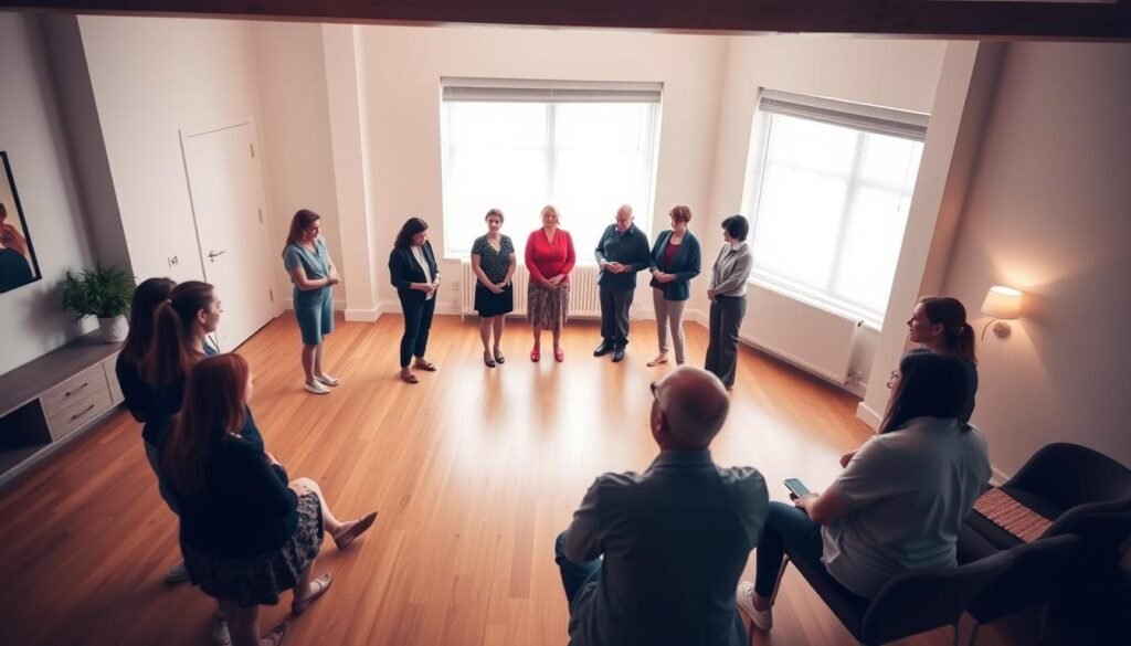 Група хора участващи в семейна констелация, подредени в кръг