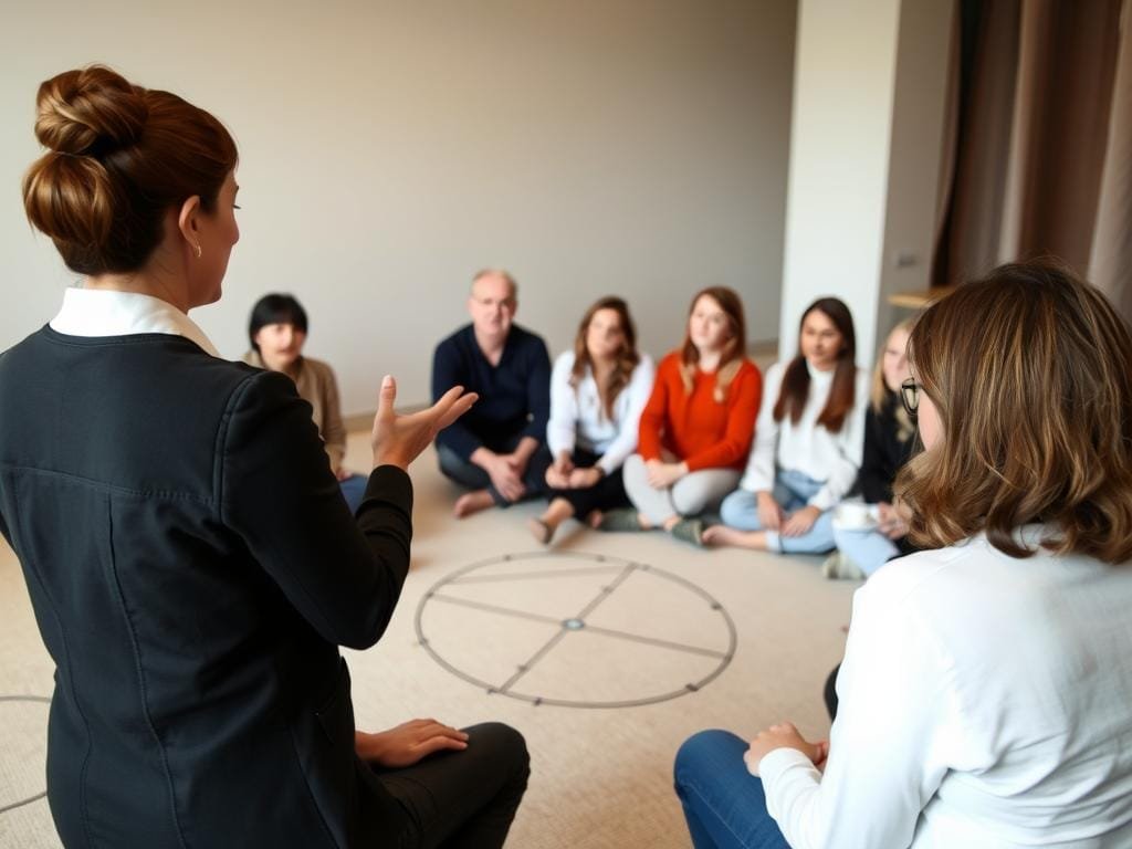 Фасилитатор води сесия по семейна констелация с група участници Фасилитатор води сесия по семейна констелация с група участници